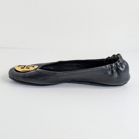 Tory Burch Shoes Minnie Travel Women's 8 Black Gold Ballet Flats Slip On Logo - Picture 1 of 14